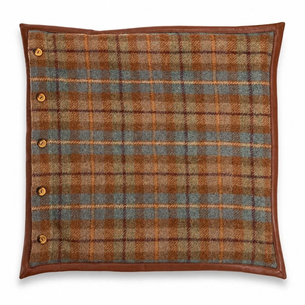 VTG Ralph Lauren Pillow Sham Bedford Hunt Plaid Wool Leather Trim Wood Buttons